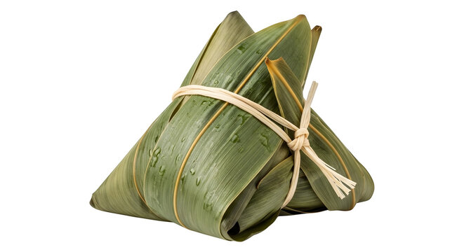 A traditional triangular food package wrapped in green leaves on transparent background