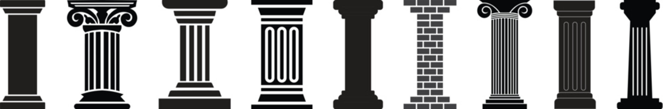 vector pillar background design art set, Medieval Symbol, Pillar icon in filled flat logo template, black logo element, law justice logo, building construction architecture logo, Trendy style vector.