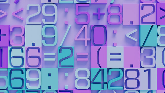 Vibrant 3D Mosaic of Geometric Shapes and Mixed Numbers on Gradient Purple Background for Creative Design and Financial Services Visuals