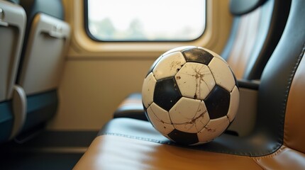 A classic black and white soccer ball resting on a train seat.