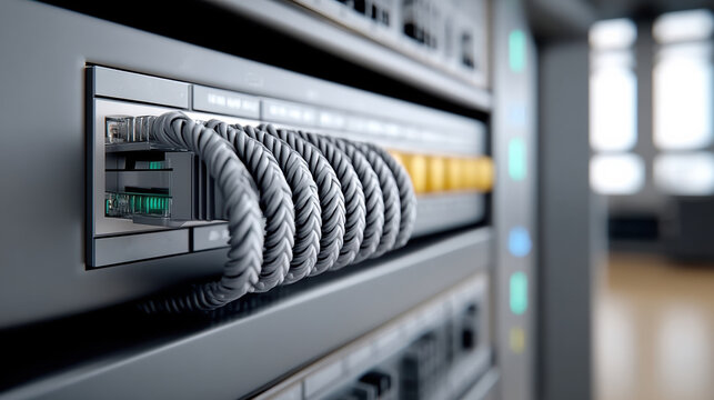 Network switch ethernet cable server rack data center patch panel connector side view close up, braided cord plugged for secure high speed link