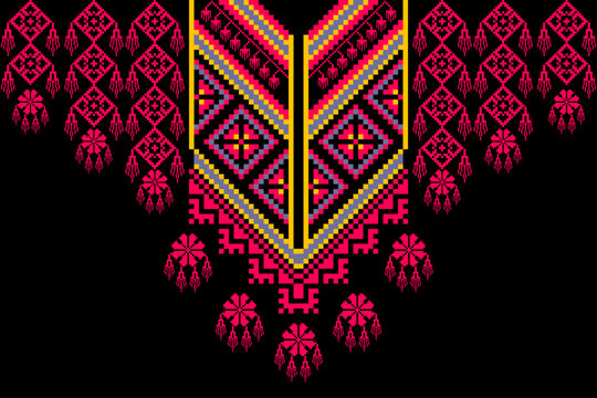 Geometric ethnic neckline embroidery pattern with pink and yellow tribal design on black background for fashion.