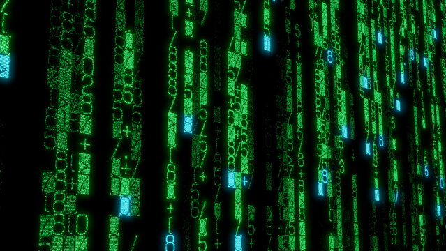 Dense Pixelated Array of Green and Blue Characters on Black Background with Varying Brightness for Data Visualization and Digital Art Applications