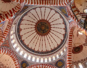 Naklejka premium Ornate interior dome. Architectural marvel with intricate detailing in a beautiful mosque featuring striking red and white stripes