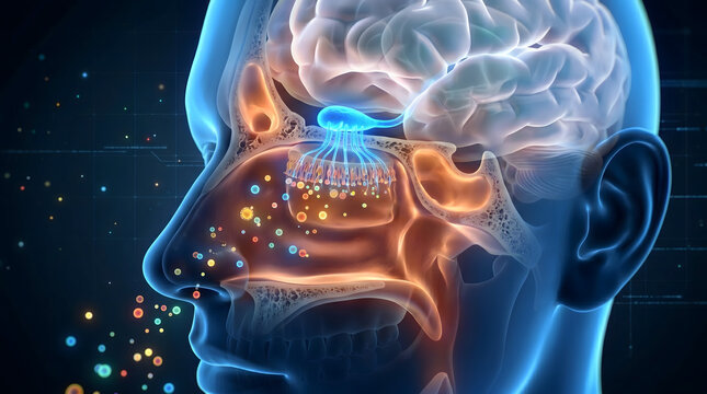3D medical illustration of the human olfactory system showing the nasal cavity, olfactory bulb, and brain processing scent particles through receptors.