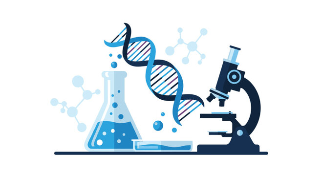 DNA helix with microscope and flask during scientific research in laboratory setting vector illustration