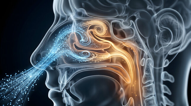 Detailed medical illustration of a human nasal cavity cross-section showing airflow and particles entering the nose for respiratory health education