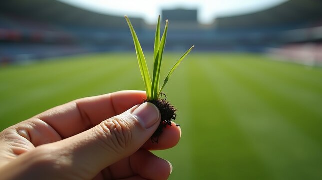 Hand holding a small patch of grass with roots over a blurred stadium field.