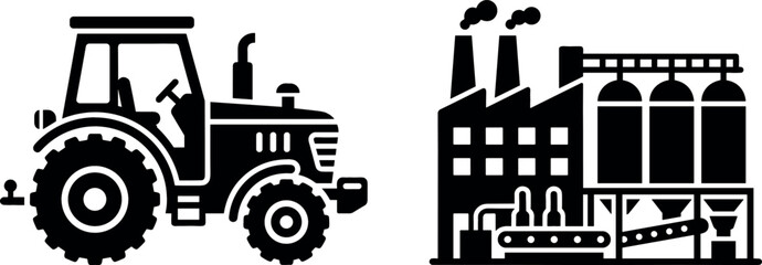 Naklejka premium PAgriculture and Industrial Factory Icon Set Featuring Farm Tractor Machinery and Processing Plant Building Silos for Supply Chain Graphic Designsrint