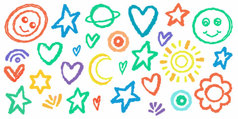 Colorful crayon doodles of stars hearts and planets on white background © VectorArtKing