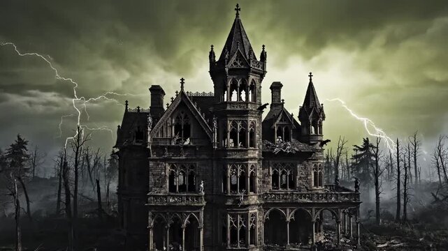 Spooky abandoned Victorian mansion ruins under dark stormy skies with lightning strikes, gothic horror 