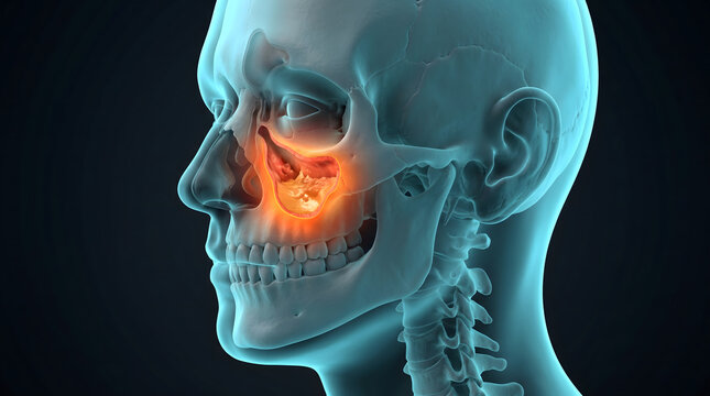3D illustration of a human skull with an inflamed maxillary sinus highlighted in orange representing sinusitis infection and facial pain symptoms.