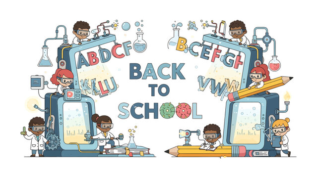 Back To School Science Adventure: A vibrant illustration depicts children engaging in scientific experiments, learning the alphabet, and celebrating the excitement of returning to school.
