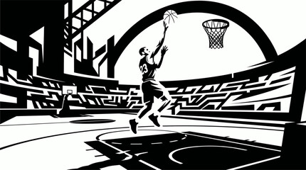 Basketball player silhouettes jumping and shooting ball, professional athletes action poses, dynamic basketball sport movement, competition illustration set © Bagus