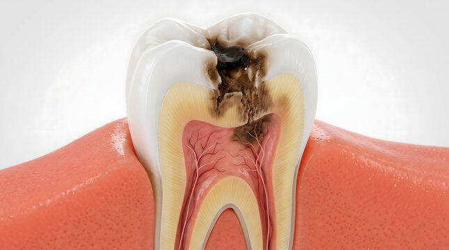Detailed 3D illustration of a human molar tooth cross-section showing advanced dental decay reaching the pulp chamber and nerve tissue in gums.