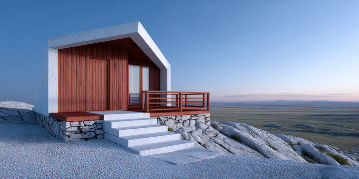 Modern cabin minimalist house wooden facade stone foundation, concrete stair and deck railing overlooking rocky hill and wide plain under blue sky