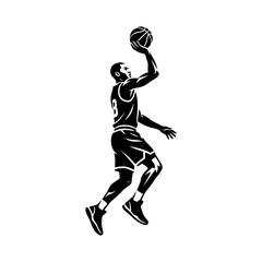 Obraz premium Basketball player silhouettes jumping and shooting ball, professional athletes action poses, dynamic basketball sport movement, competition illustration set