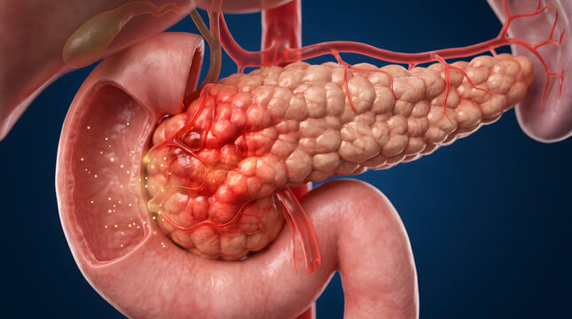 Detailed 3D medical illustration showing a cancerous tumor on the head of a human pancreas with inflammation near the duodenum anatomy.