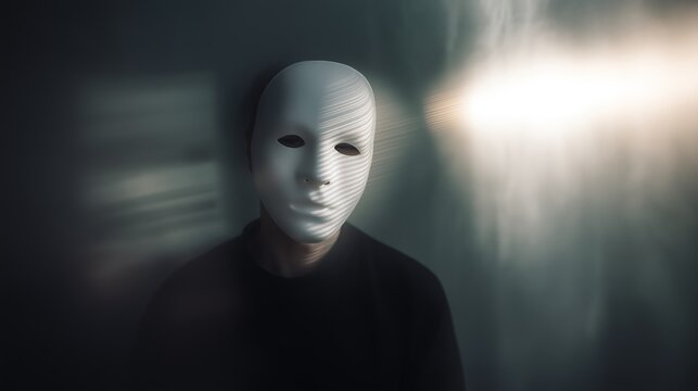 Person wearing white expressionless mask, face covered by shadow stripes, reflecting concepts of identity, anonymity, and drama