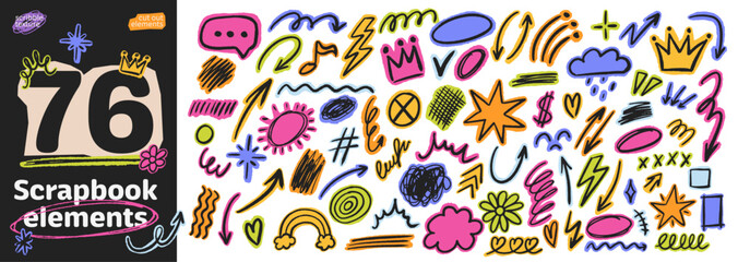 Crayon scrapbook doodle set with scribble stars, hearts and arrows. Naive hand sketched cutout elements in retro collage style. © MandarinkaArt