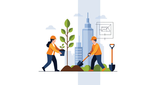 Urban gardeners planting a sapling with city skyscrapers in background during daylight vector illustration