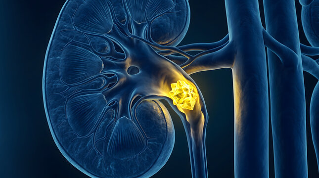 Anatomical 3D medical illustration of a human kidney cross-section showing a glowing yellow stone lodged in the ureter causing urinary obstruction.