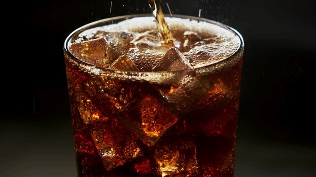 Glass of cola with ice cubes being filled with soda on dark background