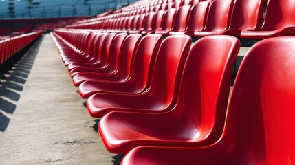 Obraz premium Red stadium seats in long rows, showing emptiness and expectation, ready for an audience to fill the venue
