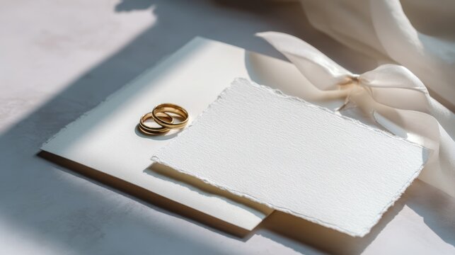 Wedding invitation concept with engagement rings, textured paper cards and silk ribbon, planning a ceremony