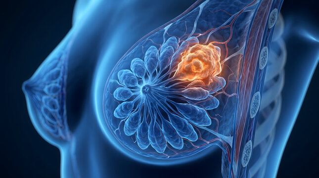 Detailed 3D medical illustration showing female breast internal anatomy with a highlighted malignant tumor mass, representing breast cancer diagnosis and oncology treatment.