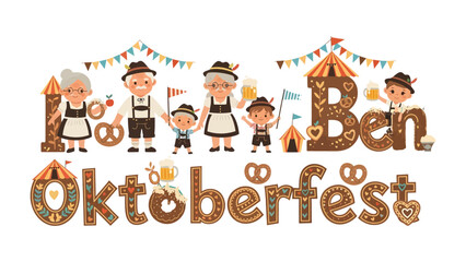 Fototapeta premium Oktoberfest Family Celebration: A heartwarming illustration depicts a cheerful family enjoying Oktoberfest, complete with traditional attire, pretzels, beer steins, and festive bunting.