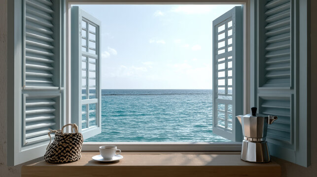 Open window sea ocean coffee cup moka pot shutter sunlight framing calm coastal view, morning drink on sill beside woven bag
