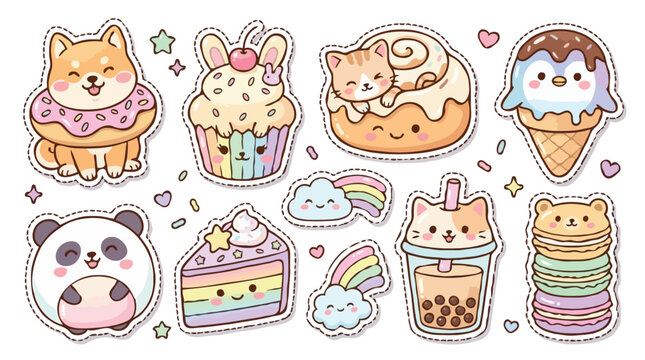 Kawaii sweet food and cute animals' sticker patch collection vector illustration