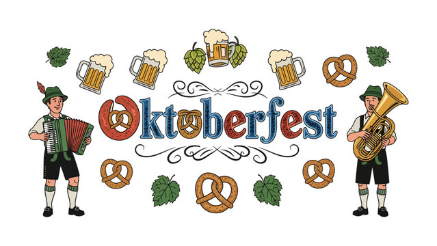 Oktoberfest Celebration Elements: A vibrant collection of traditional Oktoberfest elements, including musicians, beer steins, pretzels, and hops.