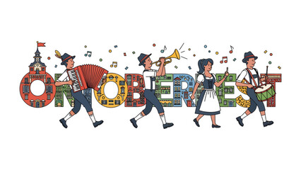 Oktoberfest Celebration Illustration: A vibrant illustration depicts a lively Oktoberfest parade with musicians playing traditional instruments and people in Bavarian attire. © Joynob