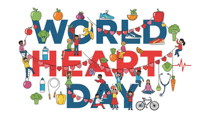 Fototapeta premium World Heart Day Celebration: A vibrant illustration depicting World Heart Day with people engaging in healthy activities, surrounded by fresh fruits and vegetables.