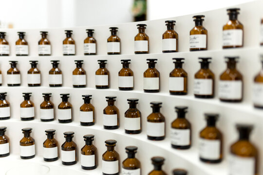 Apothecary bottles on a clean minimalist display