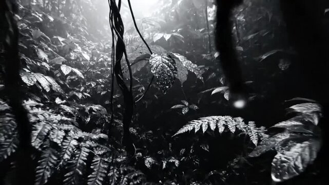 Black and white view inside a dark rainforest, showing hanging vines and lush vegetation with a sense of mystery and foreboding