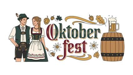 Oktoberfest Celebration: A charming couple dressed in traditional Bavarian attire stands beside a wooden barrel overflowing with frothy beer, celebrating the spirit of Oktoberfest. © Md