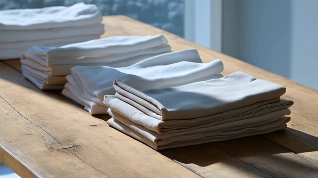 Folded white linens on a rustic wooden table near a bright window