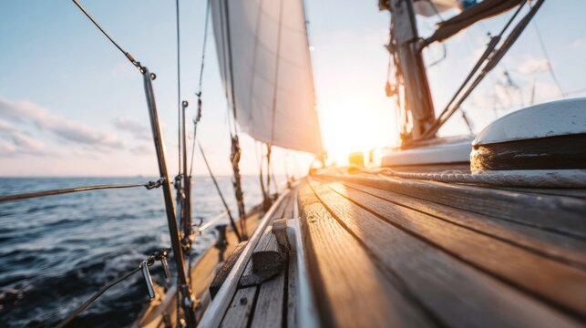 Sailing yacht cruising calm waters at sunset, featuring rich wooden deck details, mast, and rigging, embodying freedom and adventure