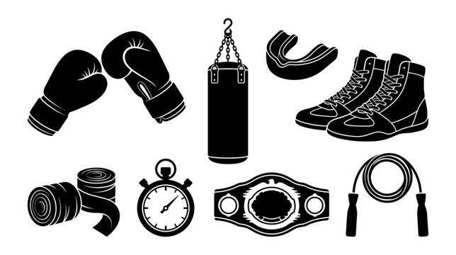Collection of boxing equipment including boxing gloves, punching bag, mouthguard, boxing shoes, hand wraps, stopwatch, championship belt and jump rope, black and white vector
