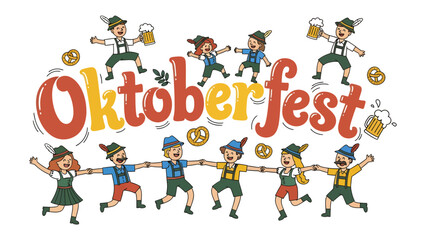 Fototapeta premium Oktoberfest Celebration Illustration: A vibrant and colorful illustration depicting a joyful Oktoberfest celebration, with people in traditional Bavarian attire dancing, holding beer steins.