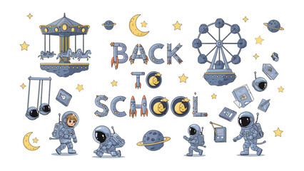 Cosmic School Adventure: A whimsical illustration depicting astronauts floating in space among celestial bodies, rockets, and carousel rides, all spelling out Back to School with playful. © Mahbuba
