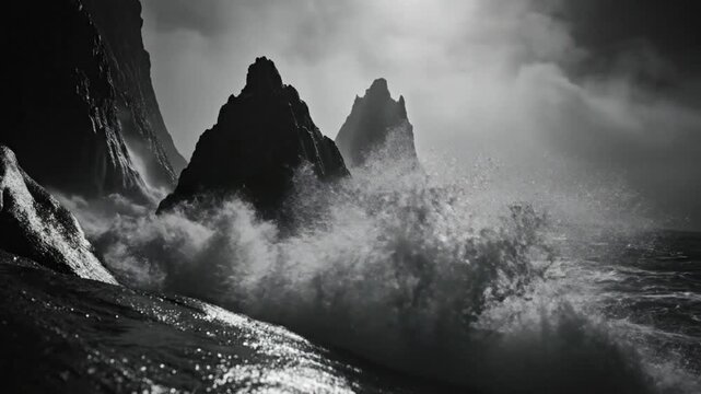 Dramatic black and white landscape of ocean waves crashing against jagged cliffs and sea stacks under a stormy sky.