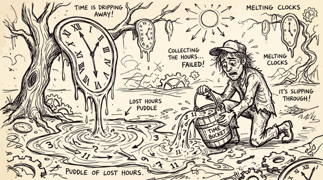 Man struggling with melting clocks