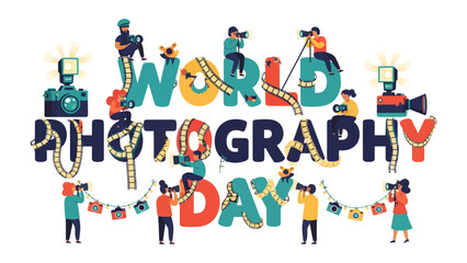 Fototapeta premium World Photography Day Celebration: A vibrant illustration depicting the spirit of World Photography Day, with tiny figures engaged in the art of capturing moments.