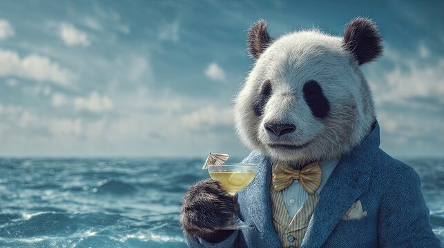 A panda holding a cocktail while standing against an ocean backdrop