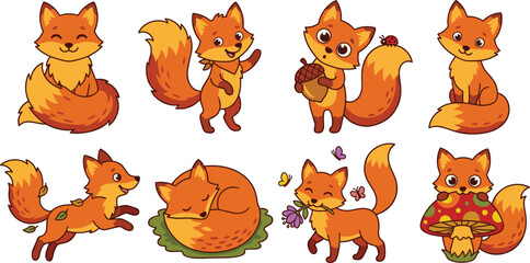 Naklejka premium Cute Fox Cartoon Character Vector Set Featuring Adorable Forest Animals in Various Poses with Acorn, Mushroom, Butterflies, and Autumn Leaves