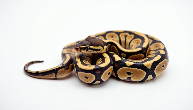 Ball python snake coiled on white background. Reptile has distinctive brown and yellow pattern. Non-venomous serpent looks calm and docile. Exotic pet animal.